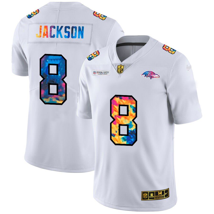 Men's Baltimore Ravens #8 Lamar Jackson 2020 White NFL Crucial Catch Limited Stitched Jersey